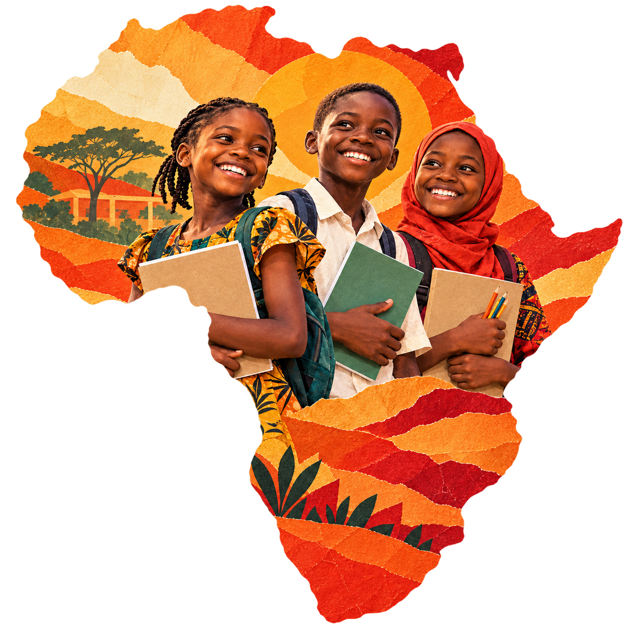 Children holding notebooks inside an Africa-shaped frame